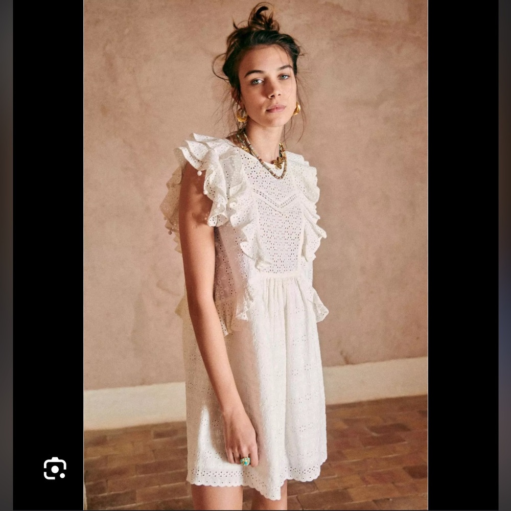 Sezane Robe Alexane Dress Sz 40/8 Eyelet Embroidered Ruffle Sleeveless Ecru
